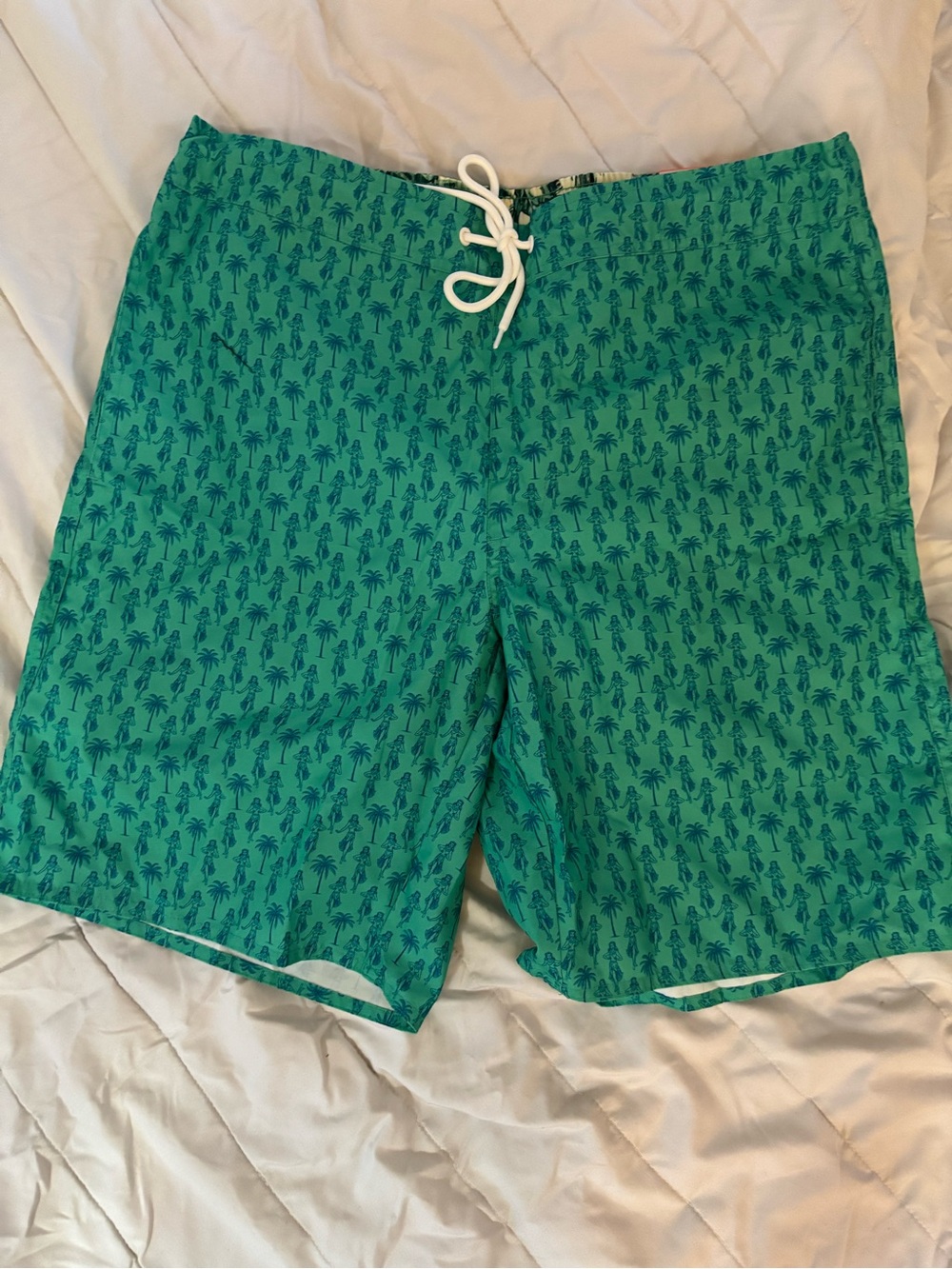 St. John's Bay Green Palm-Print Swim Shorts with White Drawstring